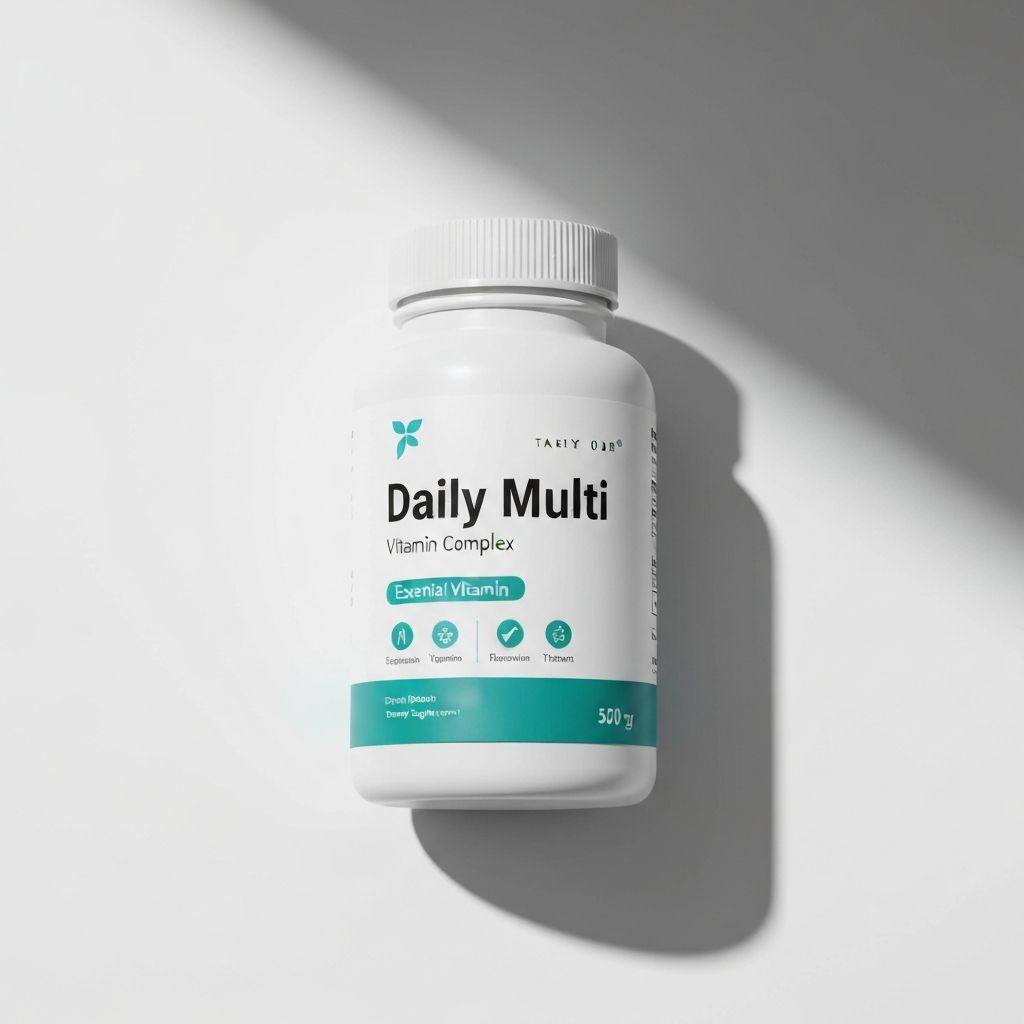 Daily multivitamin supplement bottle with white and teal label