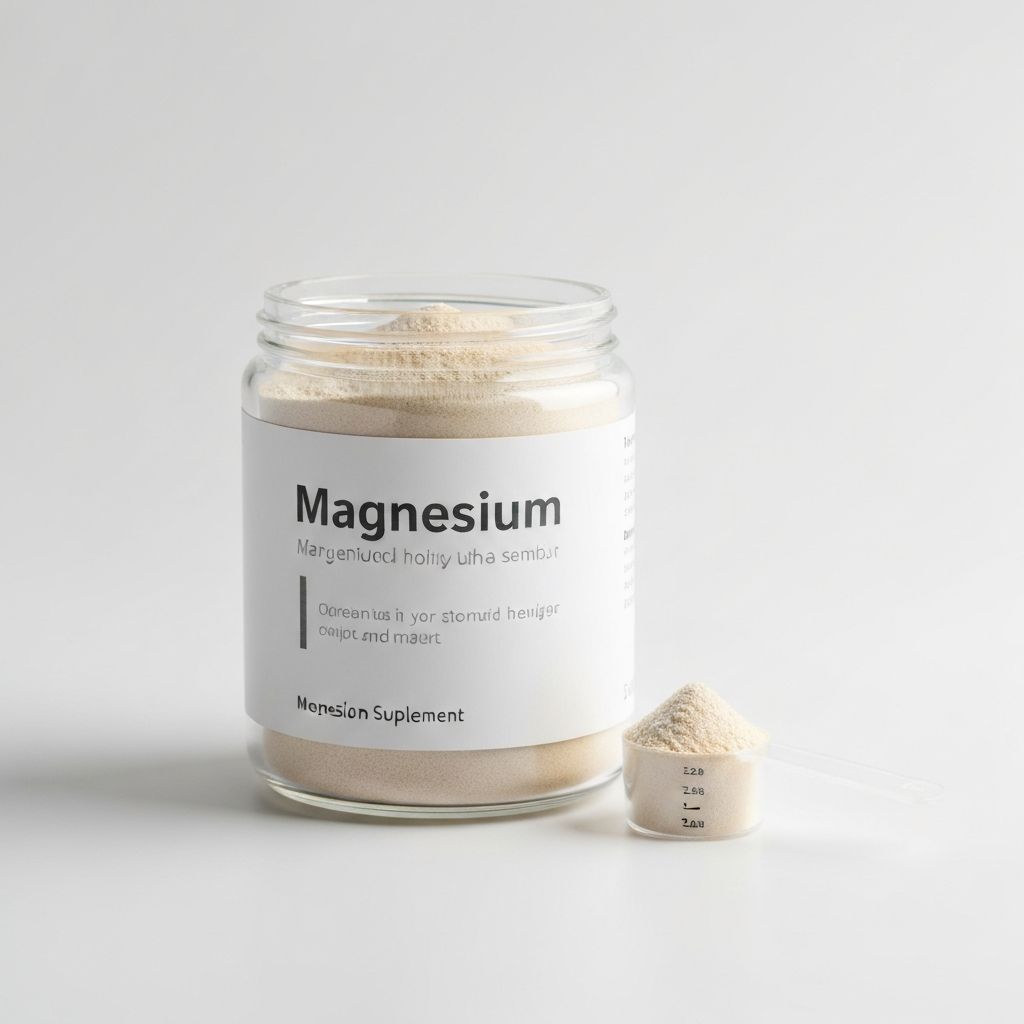 Magnesium powder supplement in clear container with measurement scoop