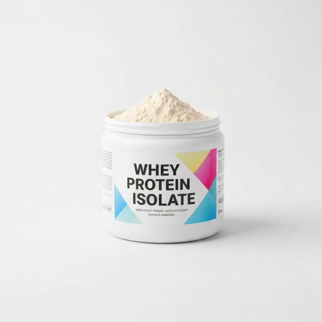 Whey protein isolate powder in white modern container