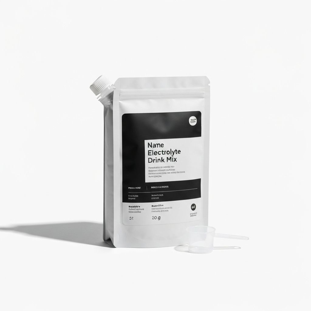 Electrolyte drink mix powder in modern pouch with measurement scoop