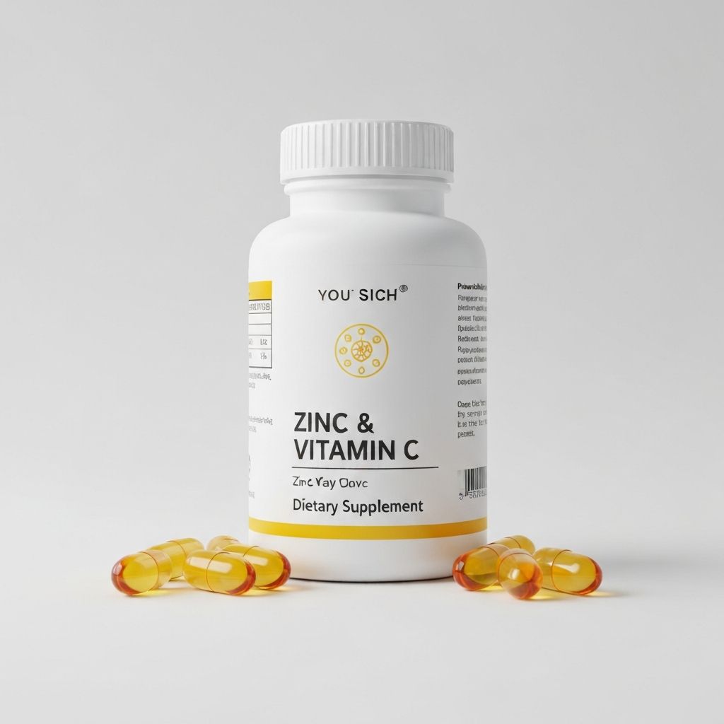Zinc and vitamin C supplement capsules in modern white bottle with label